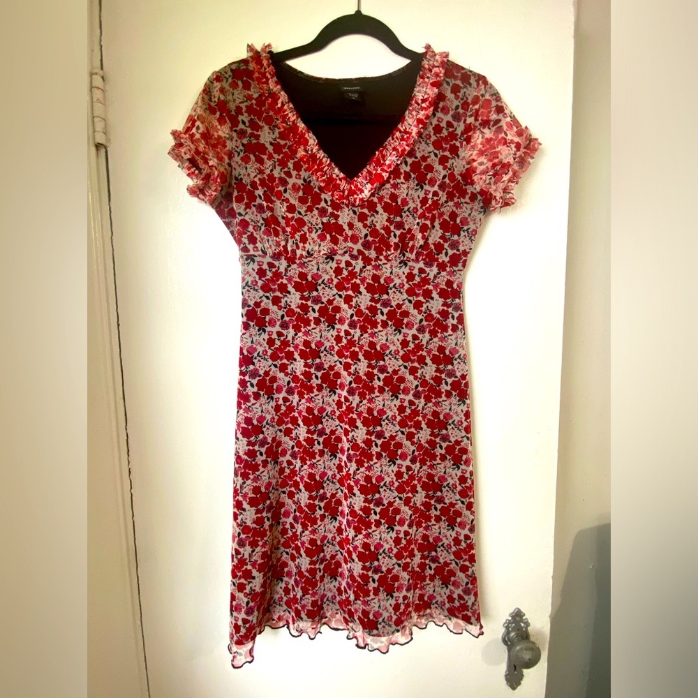 Y2K Xhilaration Stretch Red Floral Ruffle Trim Dress